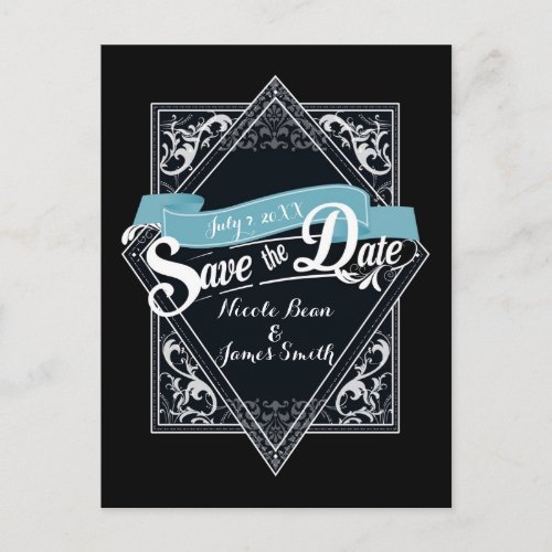 Save The Date Black  Turquoise Blue Engagement Postcard