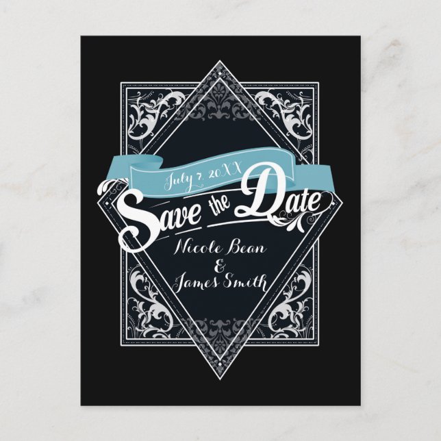 Save The Date Black & Turquoise Blue Engagement Postcard (Front)