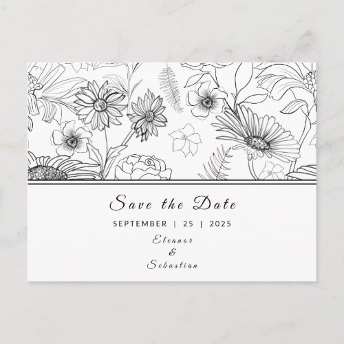 Save the Date black  white daisy flower pattern Postcard