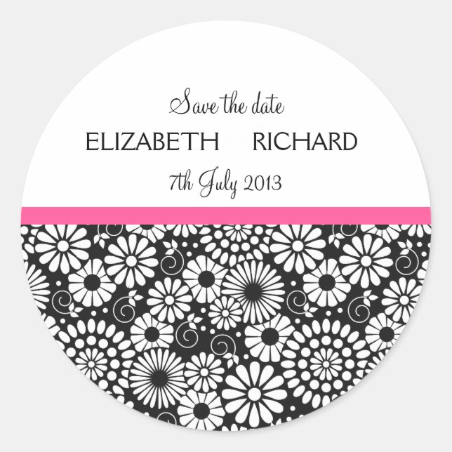 Save the Date Black White Folk Flowers Retro Classic Round Sticker (Front)