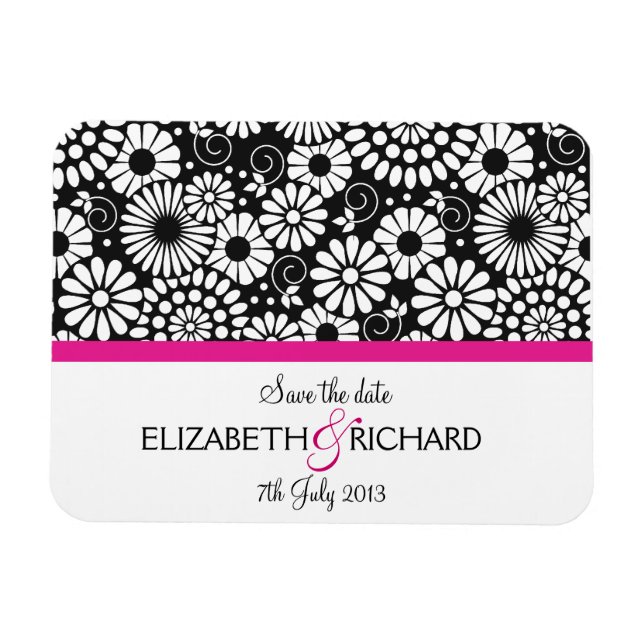 Save the Date Black White Folk Flowers Retro Magnet (Horizontal)