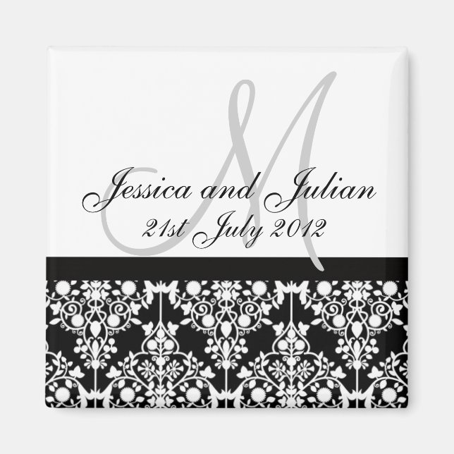 Save The Date Black/White Monogram Damask Trellis Magnet (Front)