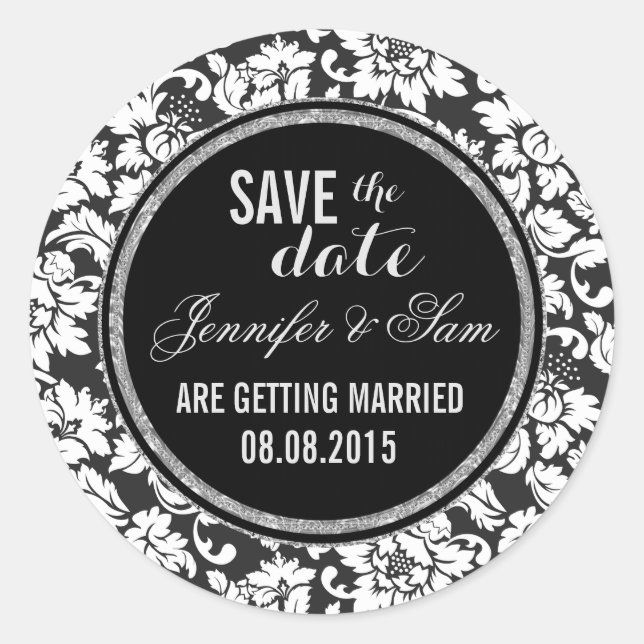 Save The Date-Black White & Silver Accents Classic Round Sticker (Front)