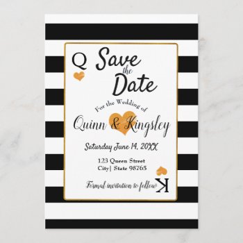 Save The Date Black & White Strips With Gold Heart by chandraws at Zazzle