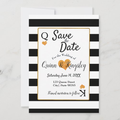 Save the Date Black  White Strips with Gold Heart