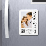 Save The Date Black White Stylish Modern Wedding Magnet<br><div class="desc">Save The Date Black White Stylish Script Modern Wedding Magnets features a white background with your custom photo. Personalize with your text by editing the text in the text boxes provided and add your website URL for your custom QR code. Designed for you by ©Evco Studio www.zazzle.com/store/evcostudio</div>