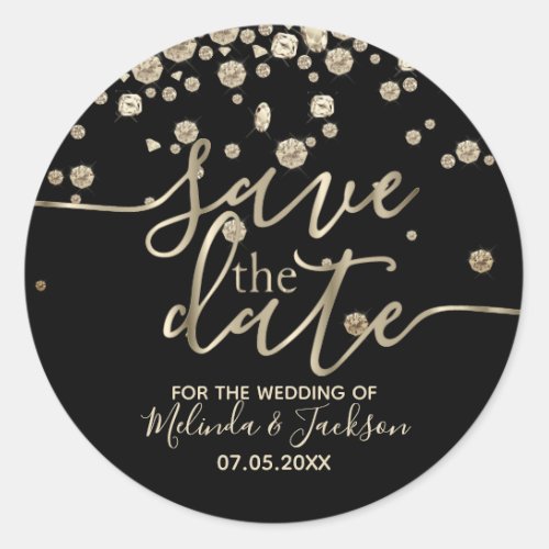 Save the Date  Black with Gold Diamonds Classic Round Sticker