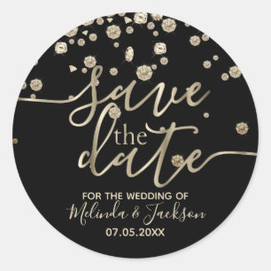 Save the Date Black with Gold Diamonds Classic Round Sticker