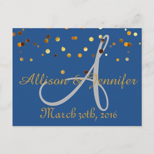 Save the date Blue and Gold Glitter Faux Foil Announcement Postcard