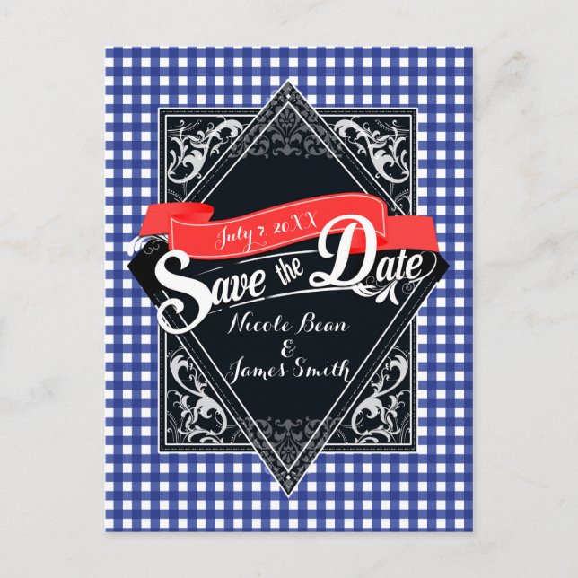 Save The Date Blue Checkered Gingham Engagement Postcard (Front)