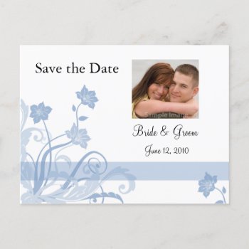 Save The Date - Blue Floral Photo Postcard by AJsGraphics at Zazzle