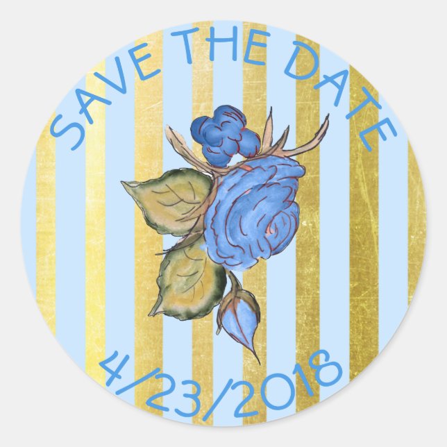 Save the Date Blue Flower Striped Stickers (Front)