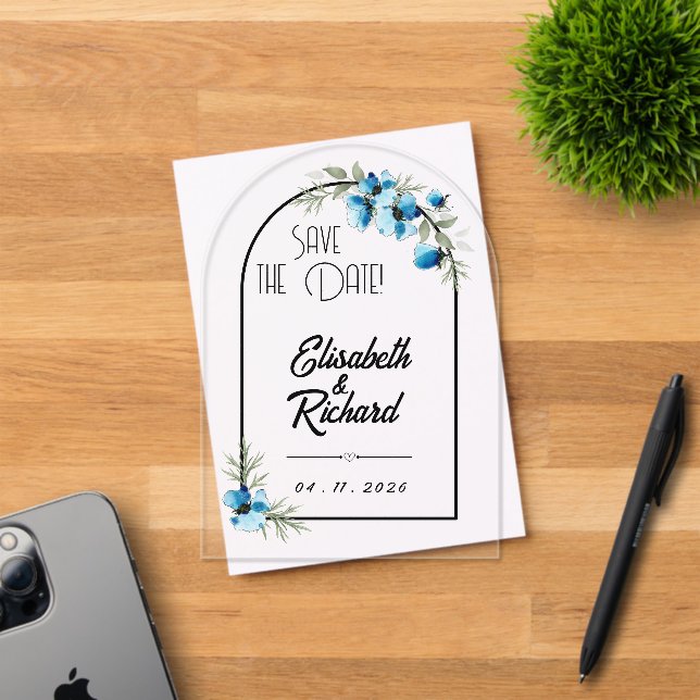 Save the date "Blue Flowers" Acrylic Invitations (Insitu (Invitation Card))