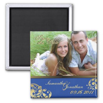 Save The Date Blue & Gold Shimmer Floral Magnet by OLPamPam at Zazzle