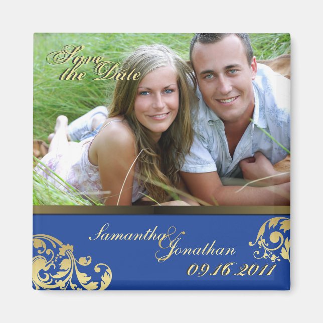 Save the Date Blue & Gold Shimmer Floral Magnet (Front)