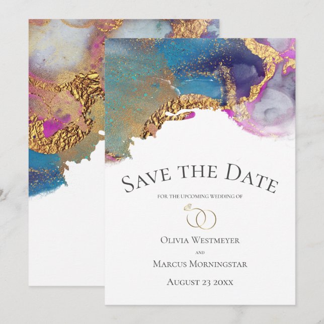 Save the Date Blue Magenta Purple Gold Ink Invitation (Front/Back)