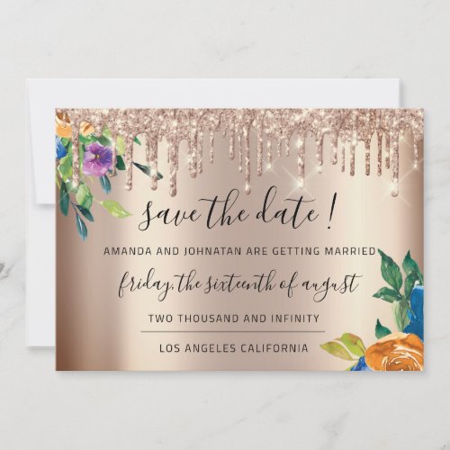 Save The Date Blue Navy Florals Rose Gold Drips