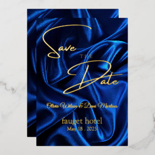 save the date blue silk background foil invitation