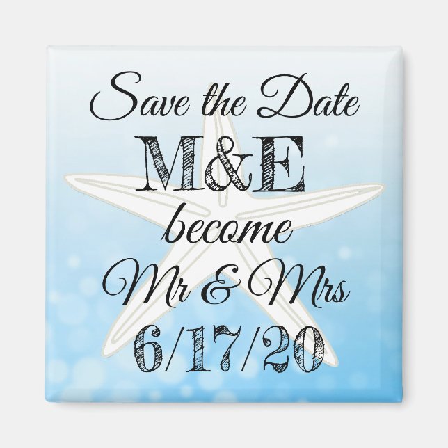 Save the Date Blue Starfish Wedding Magnet (Front)
