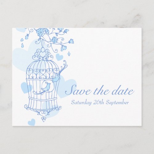 Save the date blue white bird cage card