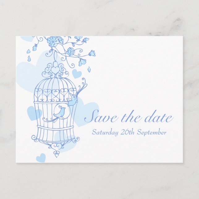 Save the date blue white bird cage card (Front)