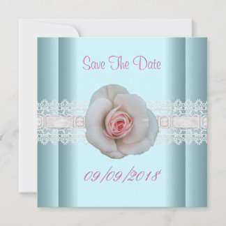 Save The Date Blue White Pink Rose Flower Lace