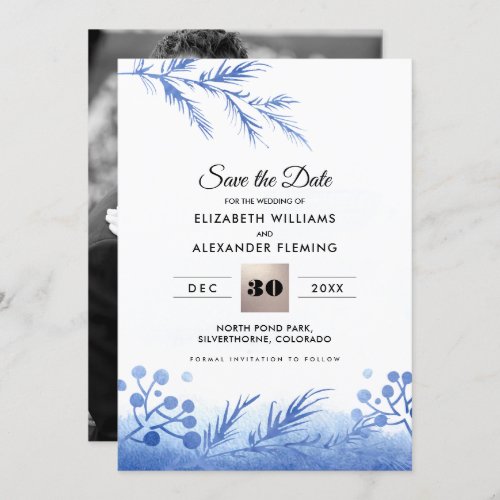 Save the Date Blue Winter Branches Photo Card