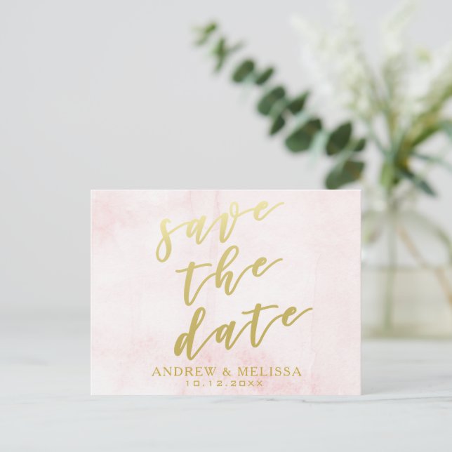 Save the date | Blush & Faux Gold Script Postcard (Standing Front)