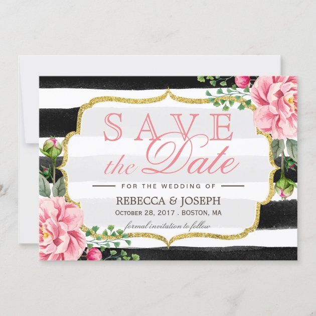 Save The Date Blush Pink Floral Watercolor Stripes