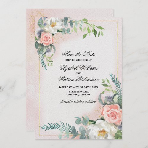 Save the Date Blush Pink Ivory Floral Wedding  Invitation