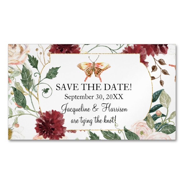 Save the Date Blush Pink White Butterfly Floral Business Card Magnet (Front)