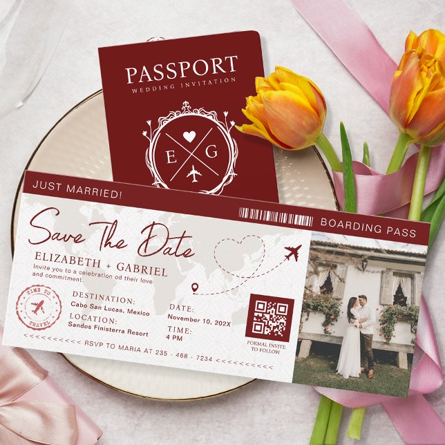 A boarding pass-themed Save the Date. A passport and some tulips are lying underneath the burgundy-colored invitation.