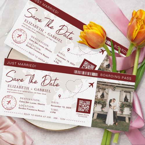 Save The Date Boarding Pass Burgundy Travel Invitation