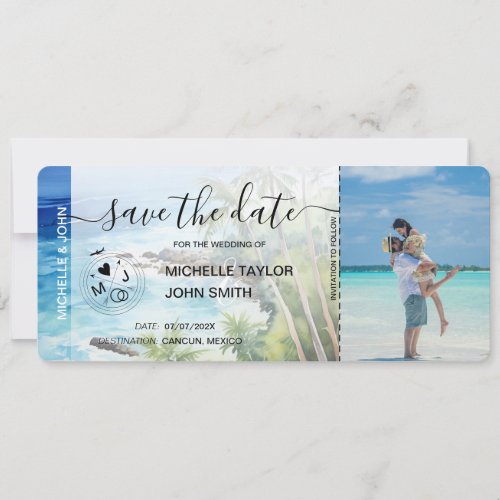 Save the Date Boarding Pass Map Beach Palm MPhoto Invitation