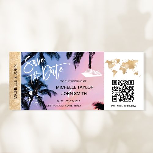 Save the Date Boarding Pass Map Cruise QR Code Inv Invitation