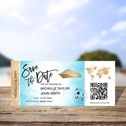 Save the Date Boarding Pass Map Cruise QR Code Inv Invitation