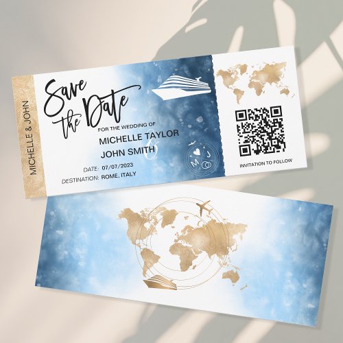 Save the Date Boarding Pass Map Cruise QR Code Inv Invitation