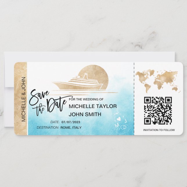 Save the Date Boarding Pass Map Cruise Ship QRCode Invitation (Front)