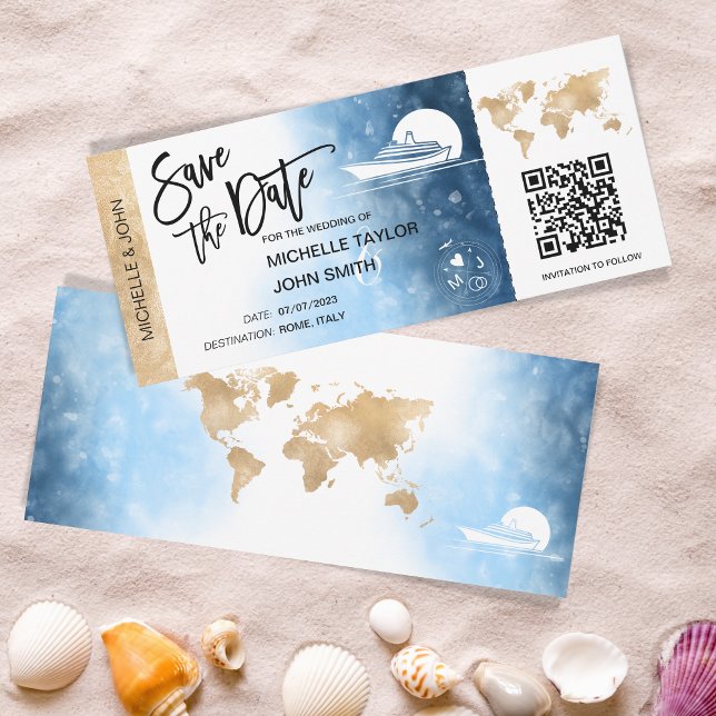Save the Date Boarding Pass Map Cruise Ship QRCode Invitation (Creator Uploaded)