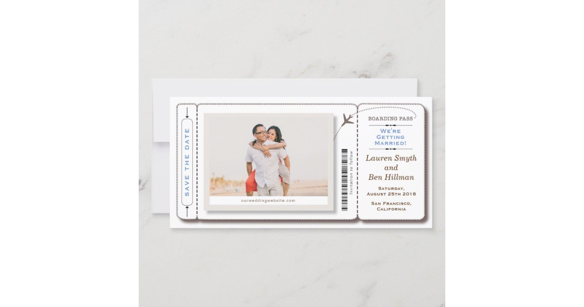 Save the date Boarding Pass Photo Card | Zazzle