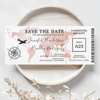 Save The Date Boarding Pass Rose Gold Map Invite by special_stationery at Zazzle
