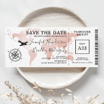 Save the Date Boarding Pass Rose Gold Map Invite<br><div class="desc">Boarding pass wedding save the date ticket invitation featuring a elegant rose gold foil destination world map,  compass,  airplane,  and a personalized text template.</div>
