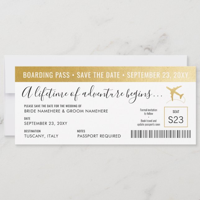 Save the Date Boarding Pass Simple Modern Gold (Front)