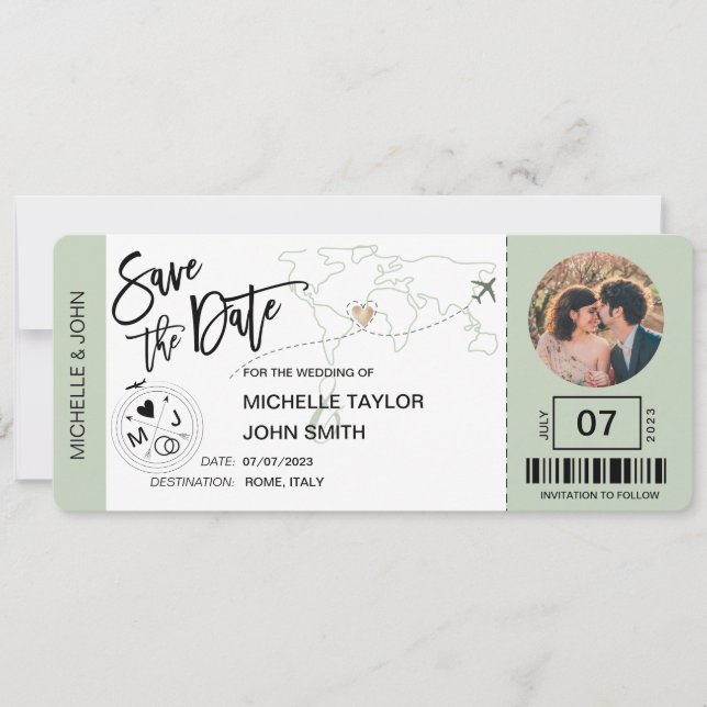 Save the Date Boarding Pass Simple World Map Invit Invitation (Front)