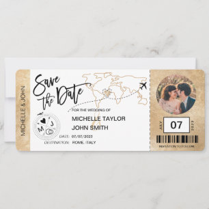 Save the Date Boarding Pass Simple World Map Invit Invitation
