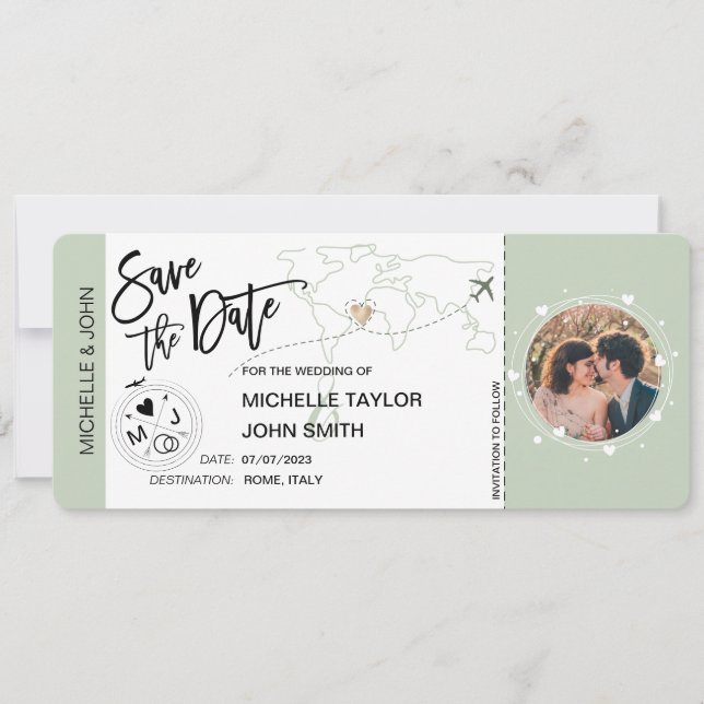 Save the Date Boarding Pass Simple World Map Invitation (Front)
