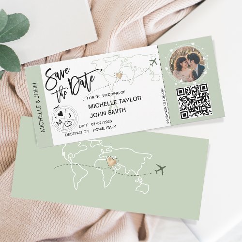Save the Date Boarding Pass Simple World Map QR  Invitation