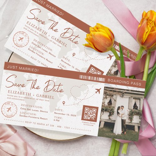 Save The Date Boarding Pass Terracotta Travel Invitation