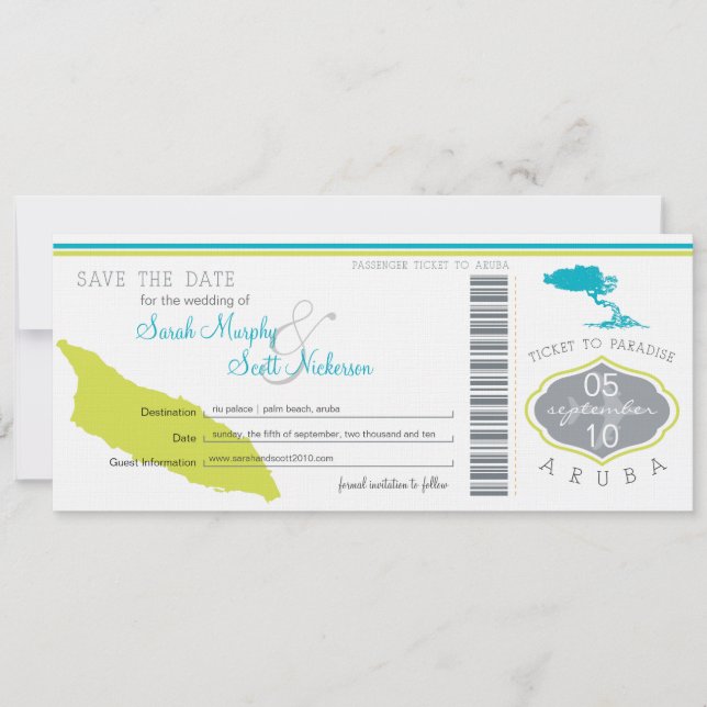 Save the Date Boarding Pass to Aruba (Front)