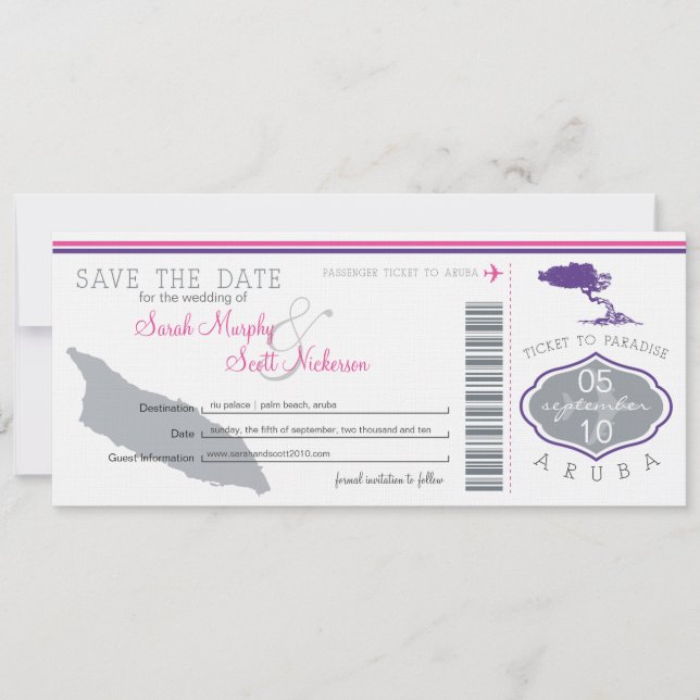 Save the Date Boarding Pass to Aruba (Front)